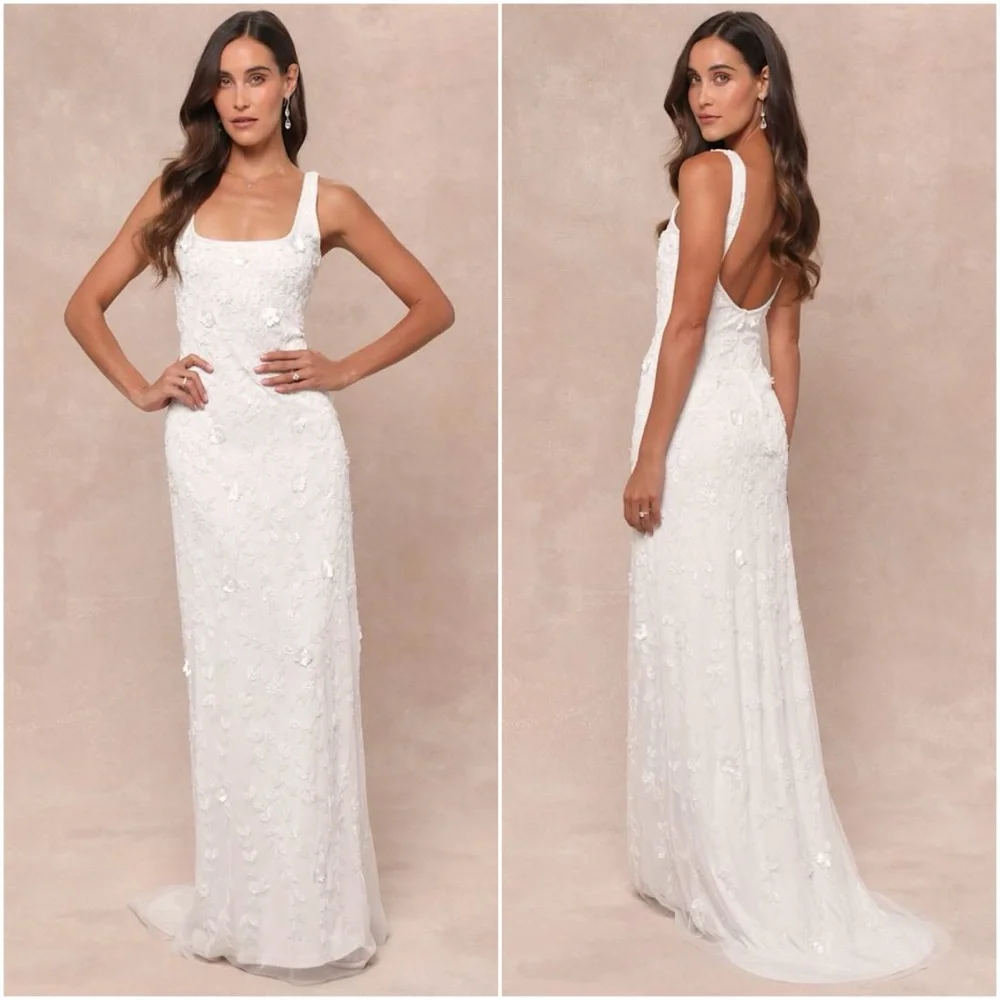 Lulu's White Embellished Square-Neck Wedding Gown - Picture 1 of 12